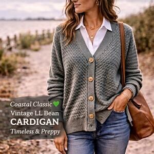 LL Bean Vintage Cardigan Sweater Green Button Preppy Coastal Grandma Classic